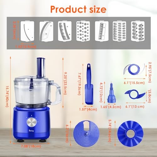 Davivy Food Processor 7 Cup,Built-in Storage Drawer Small Food Processor with 10 Set Blades,French Fry Cutting,Wavy Slicing for Home Use,3-Speed, Blue thumbnail