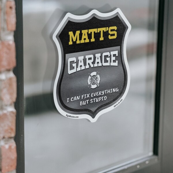 Matt S Garage I Can Fix Everything but Stupid (2 Pack) 18 Inch X 18 Inch Shield Shaped Heavy Duty 3.2 Mil Vinyl Decals to Last  Gift for Dads and Uncl