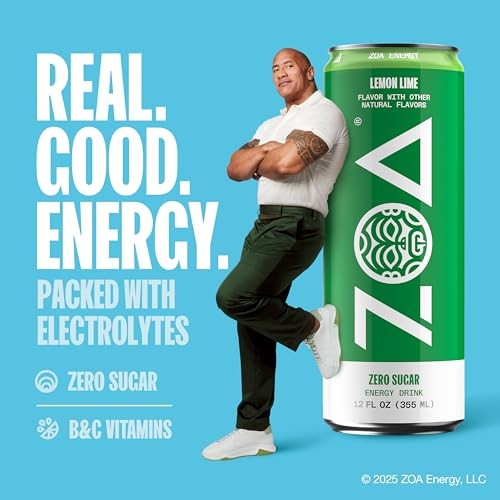 ZOA Energy Sugar Free Energy Drinks with Electrolytes for Hydration, Lemon Lime - 12 Fl Oz (12-Pack) thumbnail
