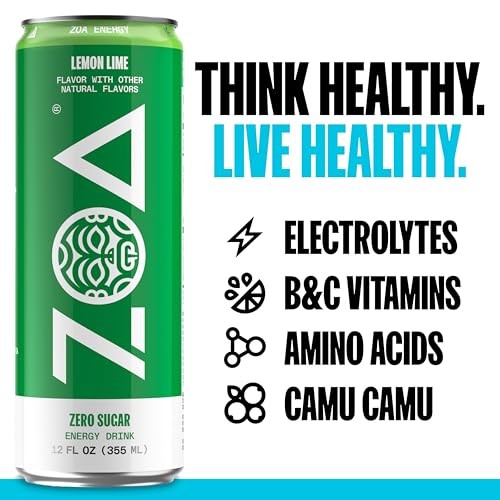 ZOA Energy Sugar Free Energy Drinks with Electrolytes for Hydration, Lemon Lime - 12 Fl Oz (12-Pack) thumbnail