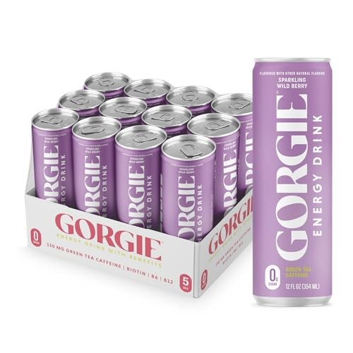 GORGIE Sugar Free Natural Energy Drinks, Sparkling Wild Berry (12 Pack) - Healthy Energy Drinks - Natural Coffee Replacement with Green Tea Caffeine a