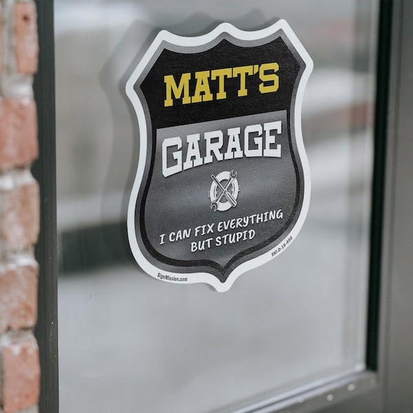Matt S Garage I Can Fix Everything but Stupid (2 Pack) 12 Inch X 12 Inch Shield Shaped Heavy Duty 3.2 Mil Vinyl Decals to Last  Gift for Dads and Uncl