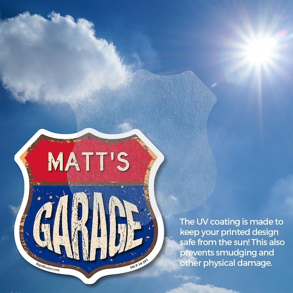 Matt S Garage (5 Pack) 4 Inch X 4 Inch Shield Shaped Heavy Duty 3.2 Mil Vinyl Decals Weather Resistant  UV Protected to Last  Gift for Dads and Uncles