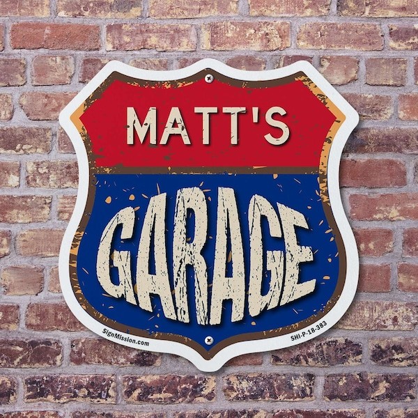 Matt S Garage (2 Pack) 12 Inch X 12 Inch Shield Shaped Commercial Grade Plastic Signs Weather Resistant  UV Protected to Last  Gift for Dads and Uncle