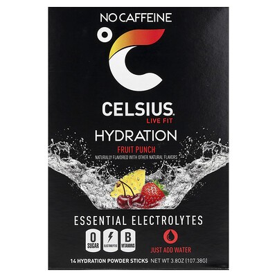 Celsius, Live Fit, Hydration, Essential Electrolytes, No Caffeine, Fruit Punch, 14 Hydration Powder Sticks, 0.27 Oz (7.76 G) Each
