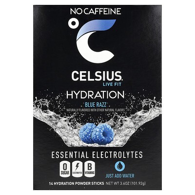 Celsius, Live Fit, Hydration, Essential Electrolytes, No Caffeine, Blue Razz, 14 Hydration Powder Sticks, 0.26 Oz (7.28 G) Each