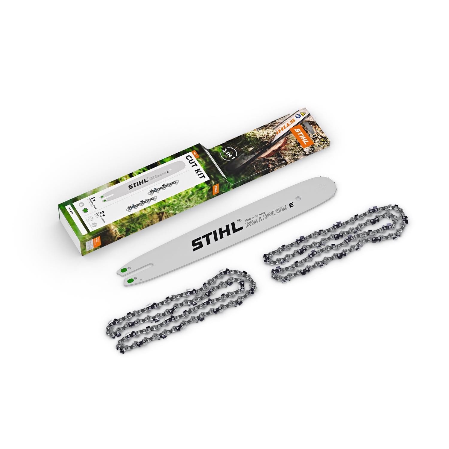 Stihl 2 1 Cut Kit 20 Inch Long 3/8 Inch Pitch 0.050 Inch Gauge Chainsaw Guide Bar and Two 33RM3 72 Link Chainsaw Chains - 3003 005 9905