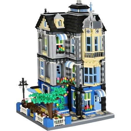 General Jim S 3-Story Victorian Townhouse & Garden Coffee Shop 2313-Piece Blue & Yellow Modular Building Blocks Set - MOC City Buildings - Great Gift 