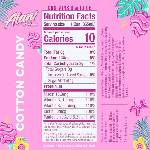 Alani Nu COTTON CANDY Sugar Free, Low Calorie Energy Drinks, 200mg Caffeine, Biotin B Vitamins, Zero Sugar, 10 Calories, 12 Fl Oz Cans, 24 Pack thumbnail