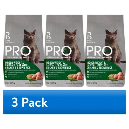 (3 Pack) Pure Balance Pro+ Indoor Weight & Hairball Care Dry Cat Food  Chicken & Brown Rice  7 Lbs