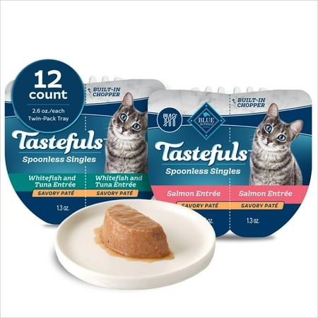 Blue Buffalo Tastefuls Spoonless DHF10 Singles Variety Pack  Wet Cat Food Paté  2.6-oz. Twin-Pack Trays  Whitefish/Tuna & Salmon Entreé (12 Count)