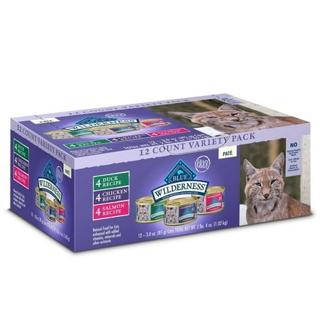 Blue Buffalo Wilderness High Protein  Natural Adult Pate Wet Cat Food Variety Pack  Chicken  Salmon  Duck 3-oz Cans (12 Count- 4 of Each Flavor)