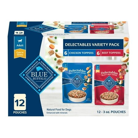 Blue Buffalo Delectables Natural Wet Dog Food Toppers Variety Pack  Tasty Chicken & Hearty Beef  Cuts in Gravy  3-oz. (12 Pouches  6 of Each Flavor) E