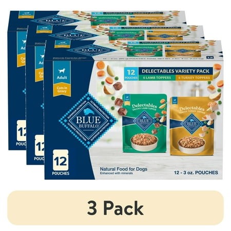(3 Pack) Blue Buffalo Delectables Natural Wet Dog Food Topper Variety Pack  Lamb & Turkey Dinner 3oz (12 Pack - 6 of Each Flavor)