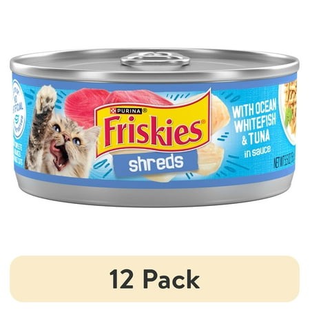 (12 Pack) Purina Friskies Shreds  Ocean Whitefish and Tuna in Sauce  Wet Cat Food  5.5 Oz Can