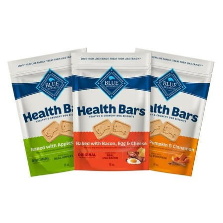 Blue Buffalo Health Bars TSF6 Crunchy Dog Biscuits  Variety Pack  Bacon  Egg & Cheese  Apple & Yogurt  Pumpkin & Cinnamon  16-oz Bags