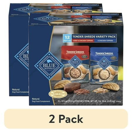 (2 Pack) Blue Buffalo Tender Shreds Toppers  Natural Dog Food  2.5-oz. Pouch  12-Count Variety Pack