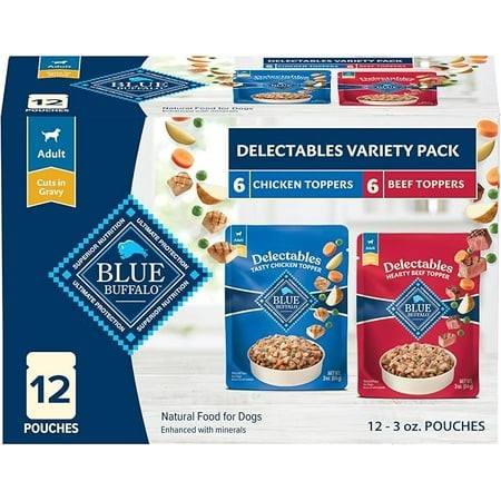 Blue Buffalo Delectables Natural Wet Dog Food Toppers Variety Pack Tasty Chicken and Hearty Beef Cuts in Gravy 3-oz. 12 Pouches 6 of Each Flavor