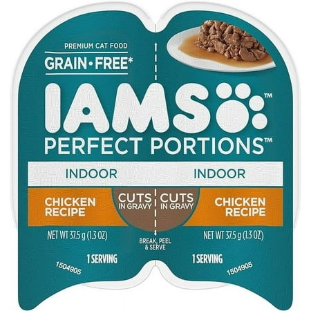 IAMS PERFECT PORTIONS Indoor Adult Grain Free Wet Cat Food Cuts in Gravy Chicken Recipe 24 2.6 Oz. Easy Peel Twin-Pack Trays