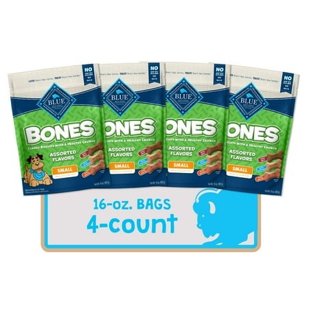 Blue Buffalo Bones Small TMA2 Natural Dog Treats  Crunchy Dog Biscuits  Assorted Flavors - Beef  Chicken  Bacon Flavors  16-oz. Bag (4 Pack)