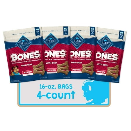 Blue Buffalo BonesEGSC Natural Crunchy Dog Treats Medium Dog Biscuits Beef  16oz. Bag  4 Count