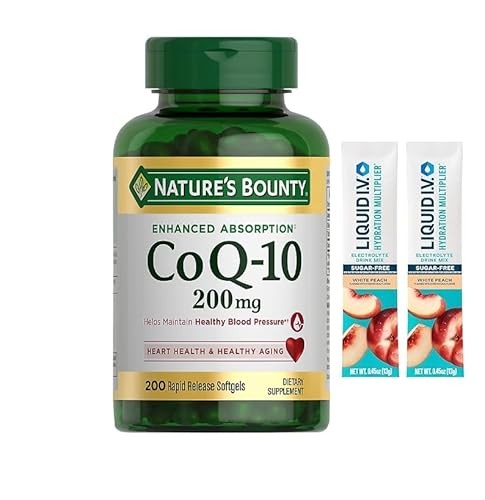 NATURES BOUNTY Dietary Supplement Enhanced Absorption CoQ10 200mg 200 Rapid Release Softgels Plus a Bonus of 2 Sugar Free White Peach Hydration Sticks