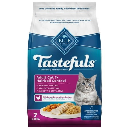Blue Buffalo Tastefuls Natural Dry Food for Adult Cats 7+  Hairball Control  Chicken & Brown Rice Recipe  7-lb. Bag