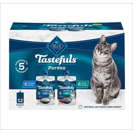 Blue Buffalo Tastefuls Purées TGF4 Variety Pack  Natural Cat Food Complement  Resealable Twist Cap Pouches  Chicken and Tuna  3-oz (12 Count  6 of Ea