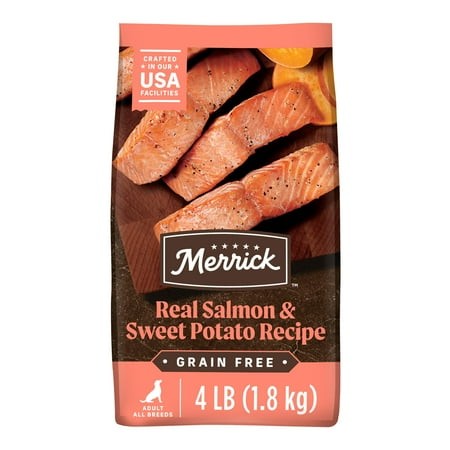 Merrick Premium Grain Free TGF4 Dry Adult Dog Food  Wholesome and Natural Kibble with Real Salmon and Sweet Potato - 4.0 Lb. Bag
