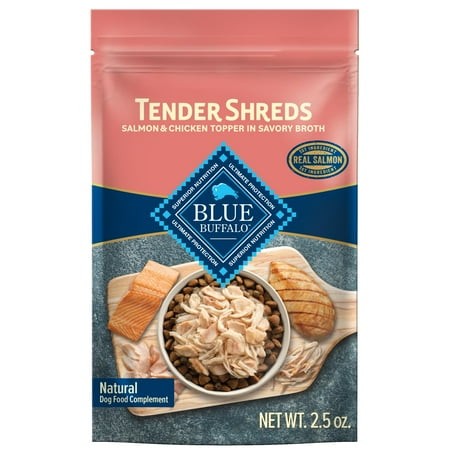 Blue Buffalo Tender Shreds XEF1 Salmon & Chicken Toppers in Savory Broth  Natural Dog Food Complement  Salmon & Chicken  2.5-oz. Pouch  24-Count