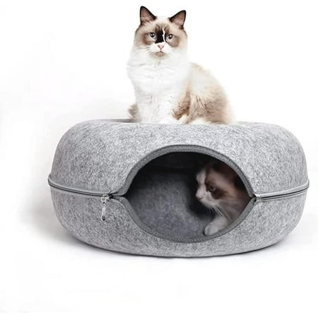 nisrada donut tunnel bed for cats and kittens  soft plush fleece lining  removable washable cover  gray (large  light gray)