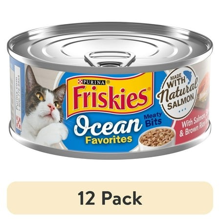 (12 Pack) Purina Friskies Ocean Favorites Meaty Bits  Salmon  Shrimp & Brown Rice  Wet Cat Food  5.5 Oz Can