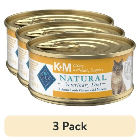 (3 Pack) Blue Buffalo Natural Veterinary Diet K+M Kidney + Mobility Wet Cat Food  Chicken  5.5-oz. Can