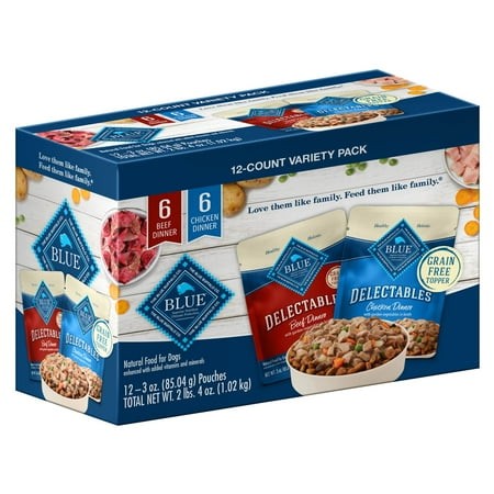 Blue Buffalo Delectables Natural Wet Dog Food Toppers Variety Pack  Tasty Chicken & Hearty Beef  Cuts in Gravy  3-oz. (12 Pouches  6 of Each Flavor) K