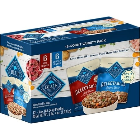 Blue Buffalo Delectables Natural Wet Dog Food Toppers Variety Pack  Tasty Chicken & Hearty Beef  Cuts in Gravy  3-oz. (12 Pouches  6 of Each Flavor)