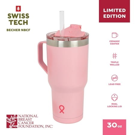 Swiss Tech Insulated Tumbler with Leakproof Locking Lid  Ceramic Coated  30 Oz  Breast Cancer Awareness  Triple Walled  Pink