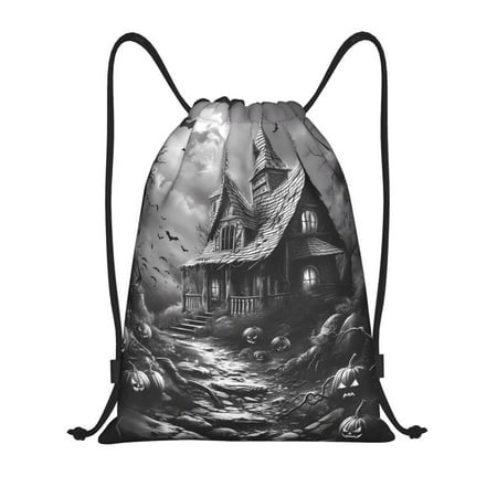 Drawstring Backpack - Halloween Haunted House Path Gym Bag for Women Men Water Resistant Drawstring Bags Sackpack for Gym Shopping Sport Yoga