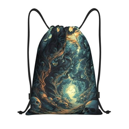 Drawstring Backpack - Enchanted Forest Skull Path Gym Bag for Women Men Water Resistant Drawstring Bags Sackpack for Gym Shopping Sport Yoga