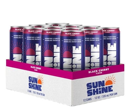 Sunshine Sparkling Energy Drink, Black Cherry with Daily Essential Vitamins, 360mg of Electrolytes, 70mg of Natural Caffeine, 12 Fl Oz (Pack of 12)