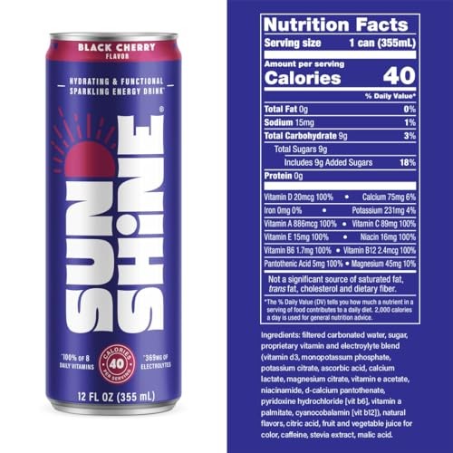 Sunshine Sparkling Energy Drink, Black Cherry with Daily Essential Vitamins, 360mg of Electrolytes, 70mg of Natural Caffeine, 12 Fl Oz (Pack of 12) thumbnail