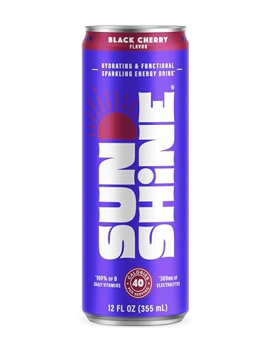 Sunshine Sparkling Energy Drink, Black Cherry with Daily Essential Vitamins, 360mg of Electrolytes, 70mg of Natural Caffeine, 12 Fl Oz (Pack of 12) thumbnail