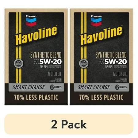 (2 Pack) Chevron Havoline Synthetic Blend Motor Oil 5W-20  6 Quart  Smart Change Box