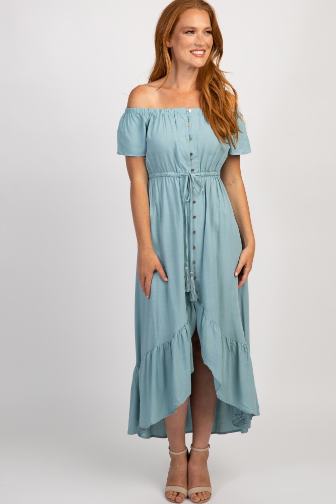 Blue Button Front Off Shoulder Hi-Low Dress
