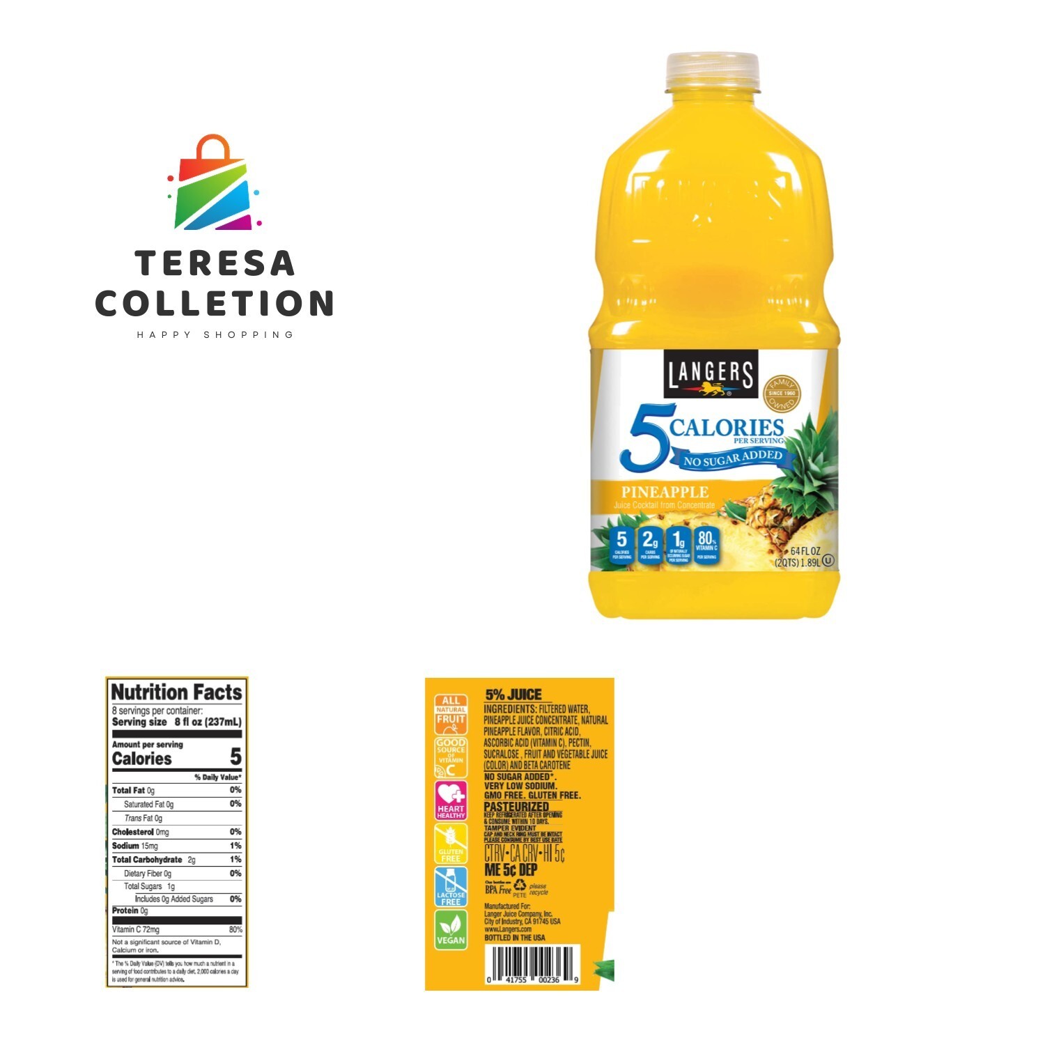 5 Cal Pineapple Juice Cocktail, 64 Fl Oz Pack of 8