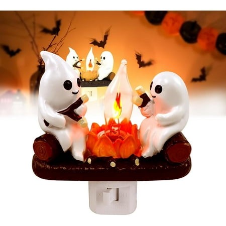 Ghost Campfire Nightlight 2024 Halloween Night Light Flickering 3D LED Fake Fire Spooky Wall Decor Ghost Roasting Marshmallow Plug Lamp Halloween Flam