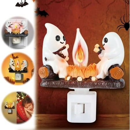 2024 Ghost Campfire Flickering Nightlight Ghosts Campfire Night Light 3D Ghost Roasting Marshmallows Night Light Plug in LED Halloween Flameless Candl