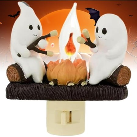 2024 Ghost Campfire Flickering Nightlight 3D Spooky Fire Marshmallow Night Light  2 Ghosts Roasting Marshmallows at Campfire  LED Fake Campfire Night 