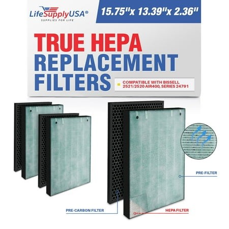 LifeSupplyUSA 3-in-1 True HEPA Air Cleaner Replacement Filter + Pre-Filter + Carbon Filter Compatible with Bissell 2521/2520 Air400  Series 24791 Air 