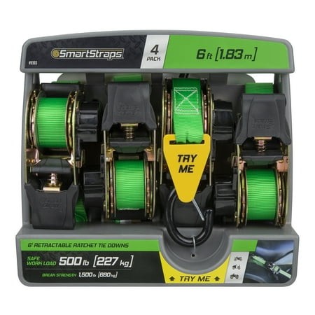 SmartStraps 6ft. 1500-Lb. Retractable Ratchet Tie Down 4-Pack  Green  Model# 9303