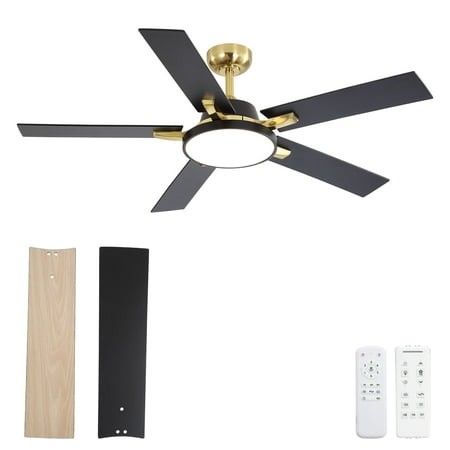 52-Inch Ceiling Fan with Light and Remote  Reversible Blades (Black & Wood)  Gold Accent  Quiet and Energy-Efficient Modern Fan for Living Room & Bedr